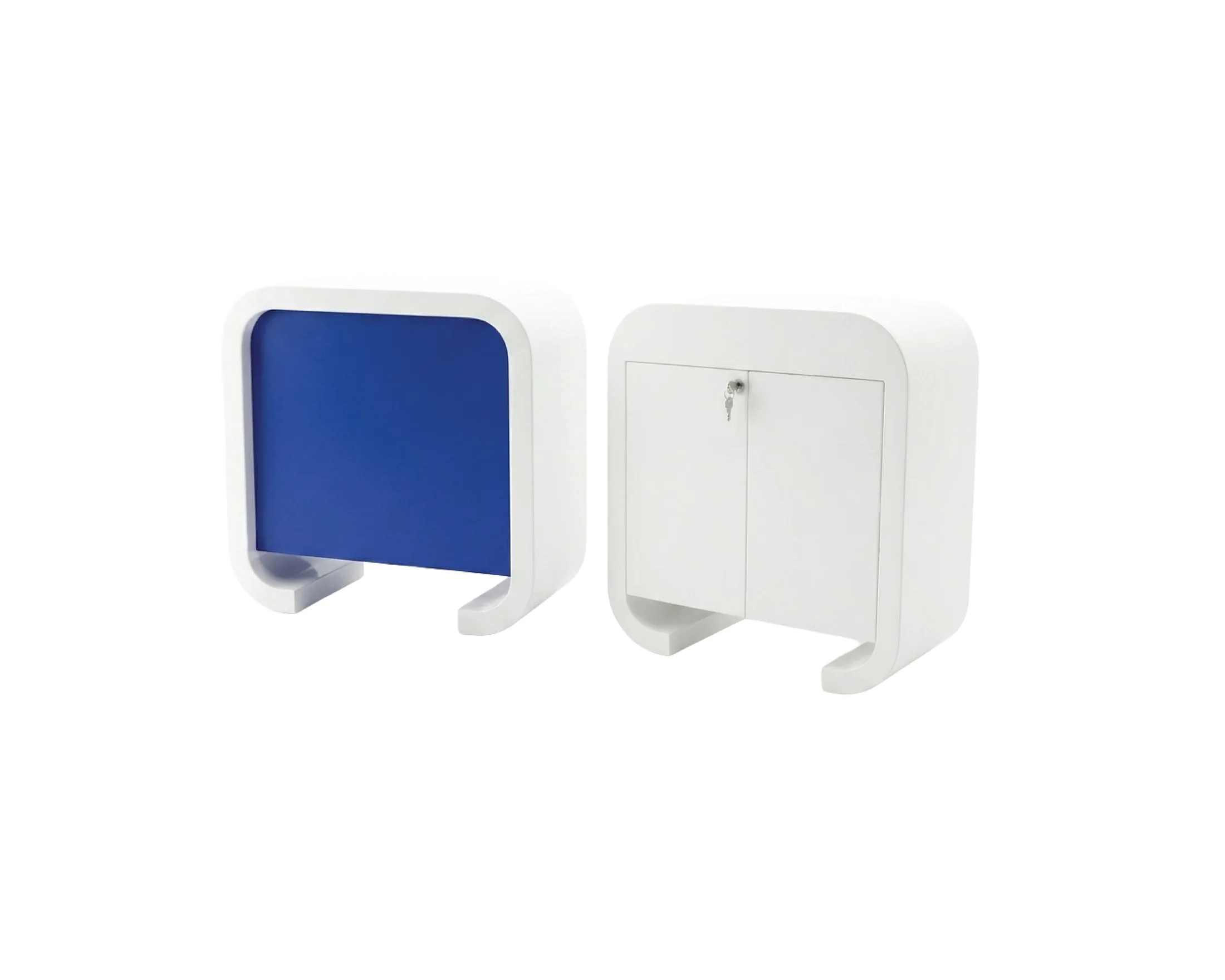 Curve Edged Counter shown from both sides — printed front panel and lockable rear doors